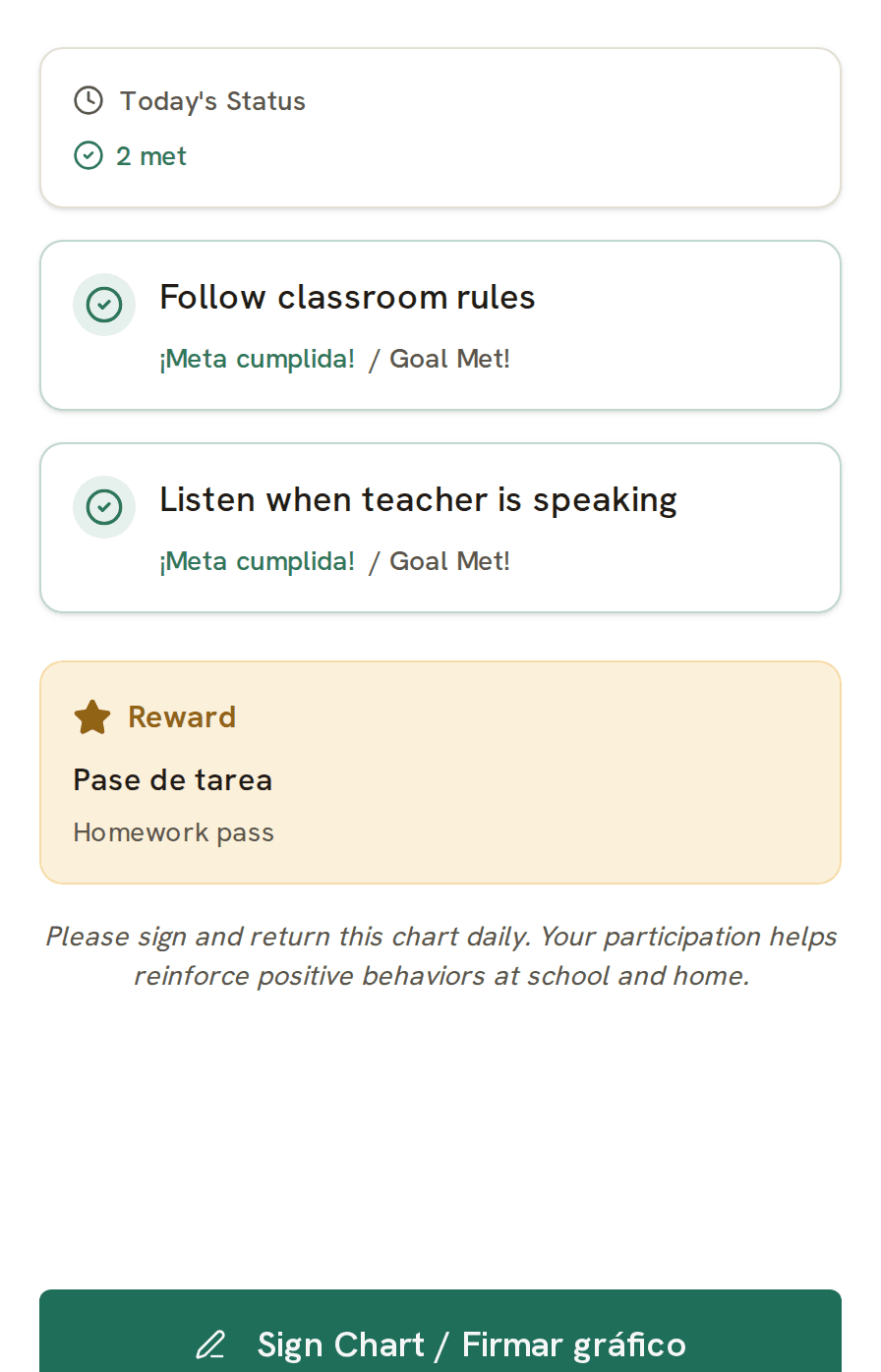 The Evident family portal on a phone with bilingual goal cards in plain language