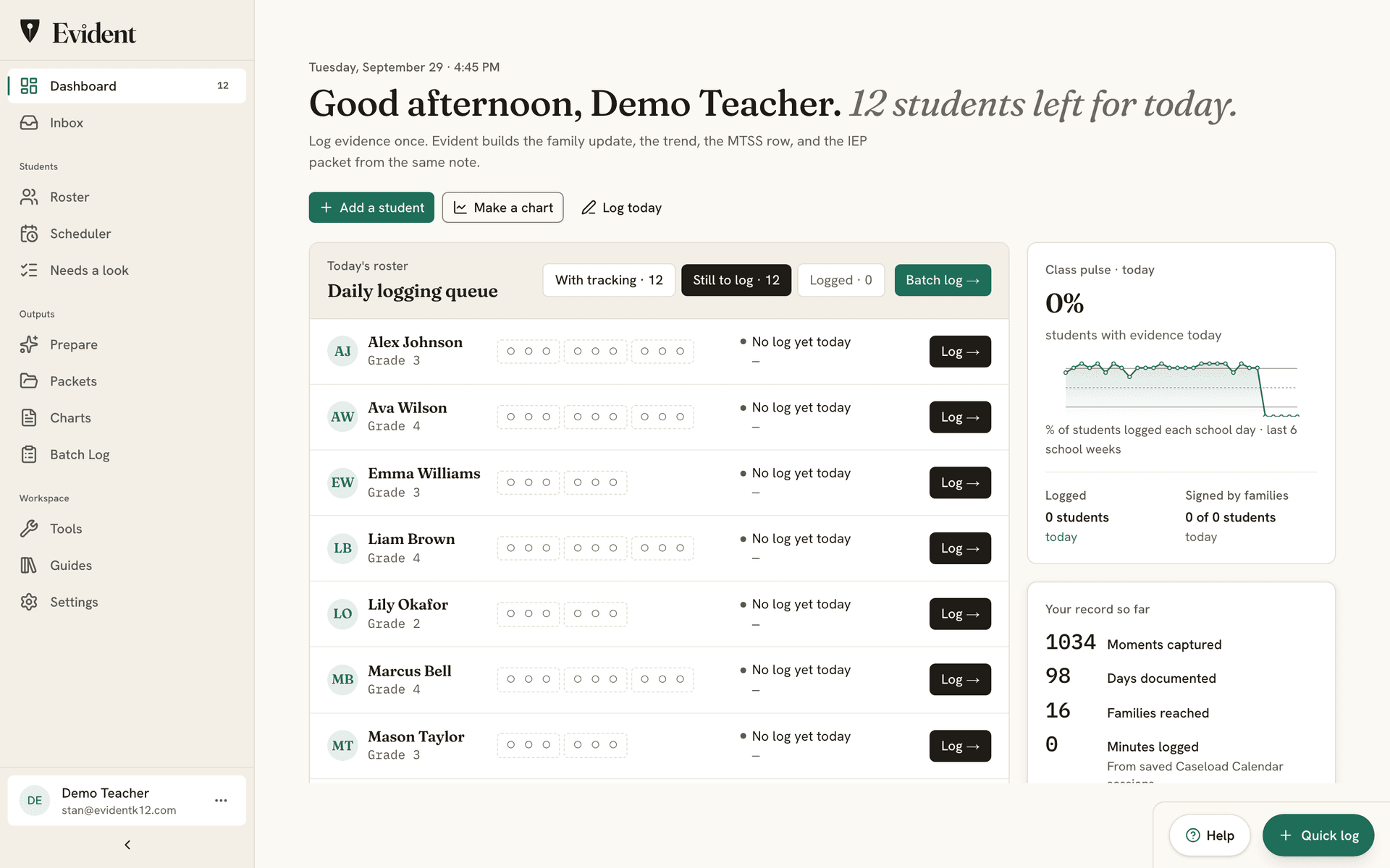 The Evident daily logging queue, with a Log action beside each student in a fictional class
